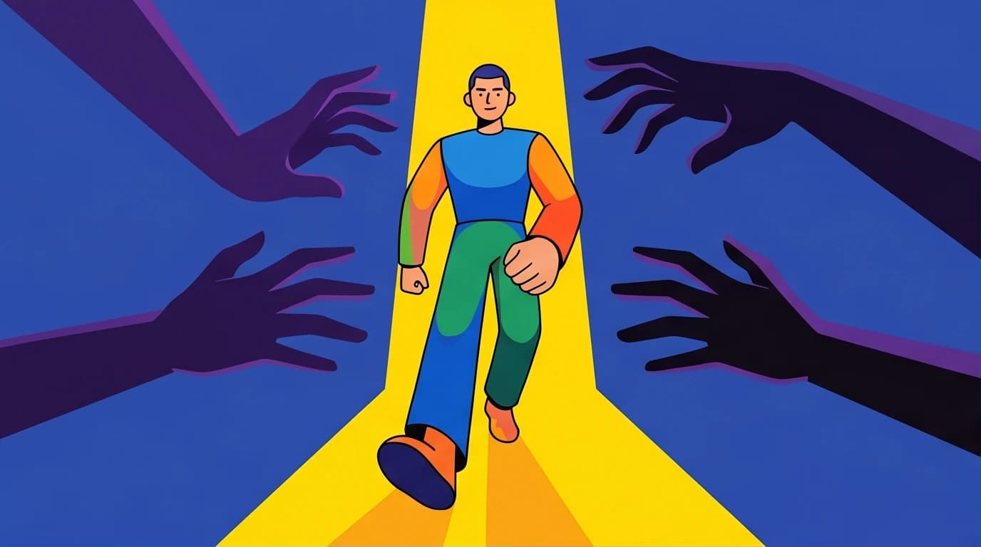 Illustration of a person gaining freedom from social anxiety by walking away from judging hands, representing the core concept of 'The Courage to be Disliked' and Adlerian psychology.