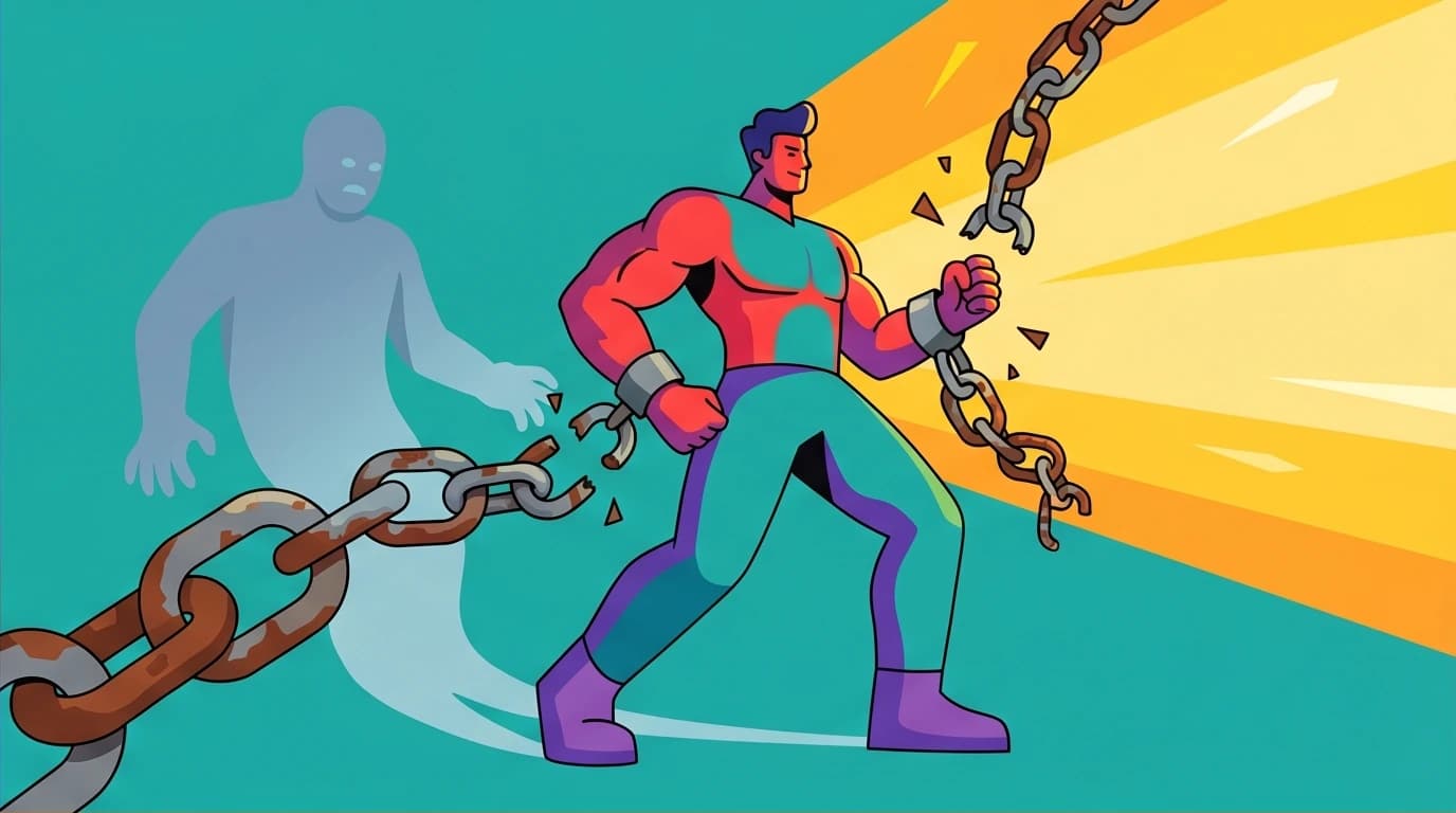A character breaking chains from a past shadow, a visual metaphor for Adler's teleology (purpose-driven) over determinism, a key idea in 'The Courage to be Disliked'.