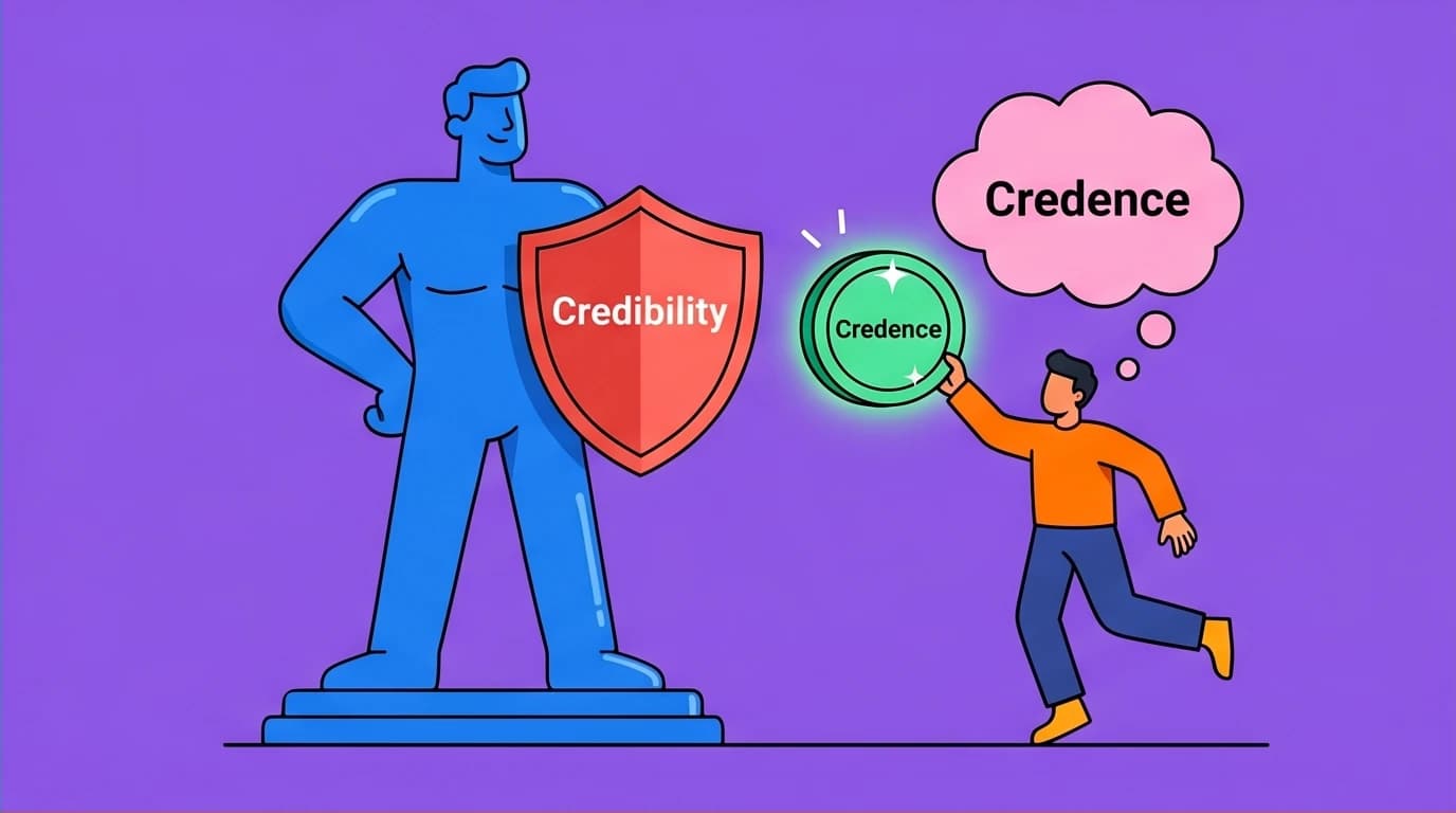 A conceptual illustration of credibility as an owned asset versus credence as a belief that is given to a claim.