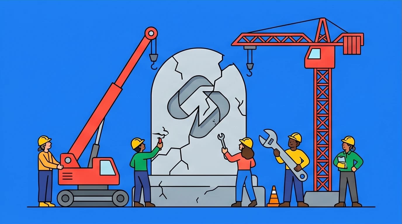 A team of professionals restoring a brand's monument, symbolizing the process of rebuilding credibility after a PR crisis.