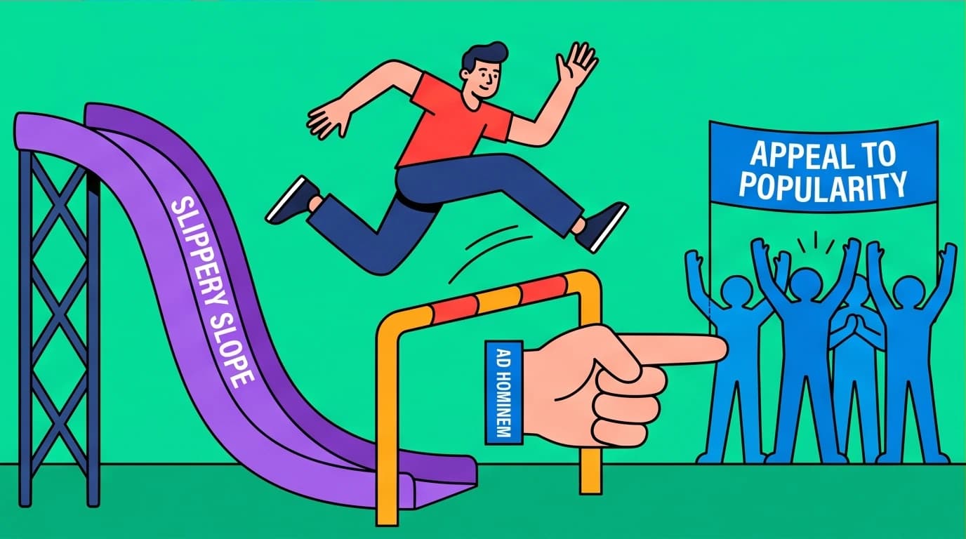 A character skillfully avoiding traps that represent logical fallacies, a key step in developing strong critical thinking skills to evaluate arguments.