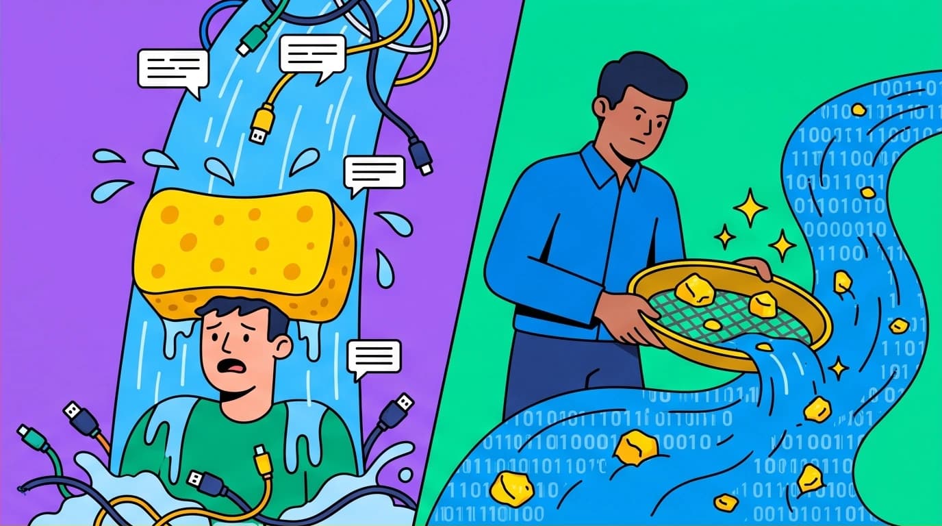 A visual comparison of sponge-like passive information absorption versus the active 'panning for gold' method of critical thinking to find valuable insights.
