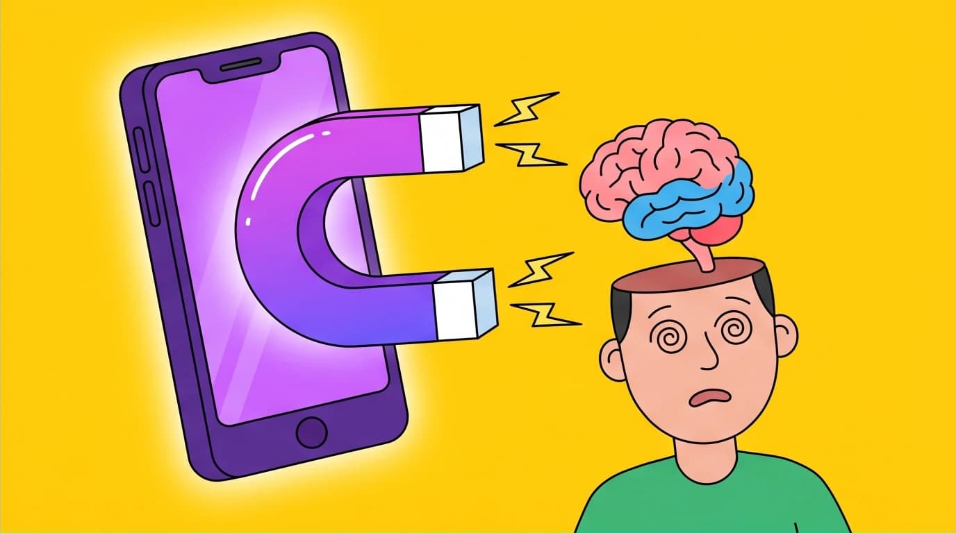 A giant magnet pulls a brain from a person's head, showing how marketing bypasses logical thinking, highlighting the need for critical thinking training.