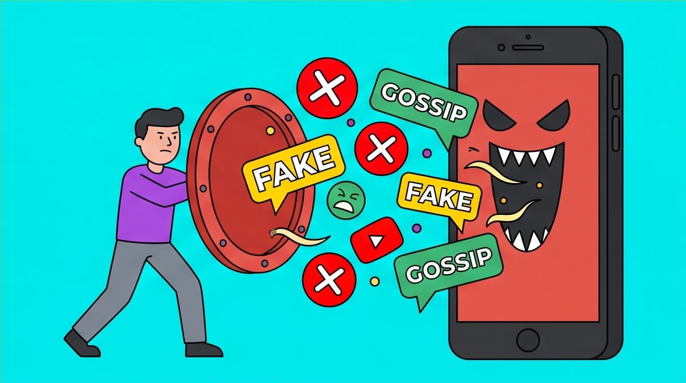 A person uses a shield to block fake news from a smartphone, an example of a logical thinking practice to combat online misinformation.