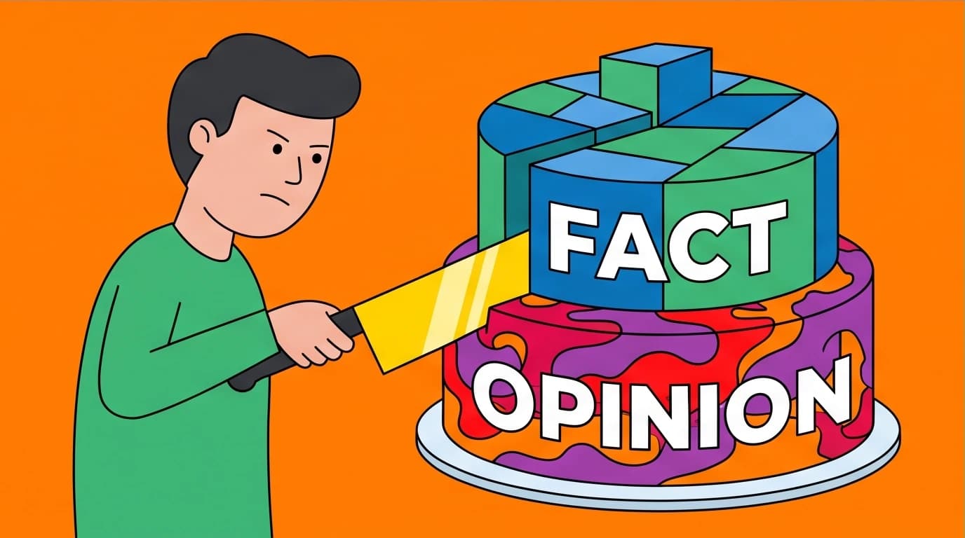 A person slices a cake labeled 'Fact' and 'Opinion,' a method for independent thinking to separate objective truth from subjective views in critical thinking.