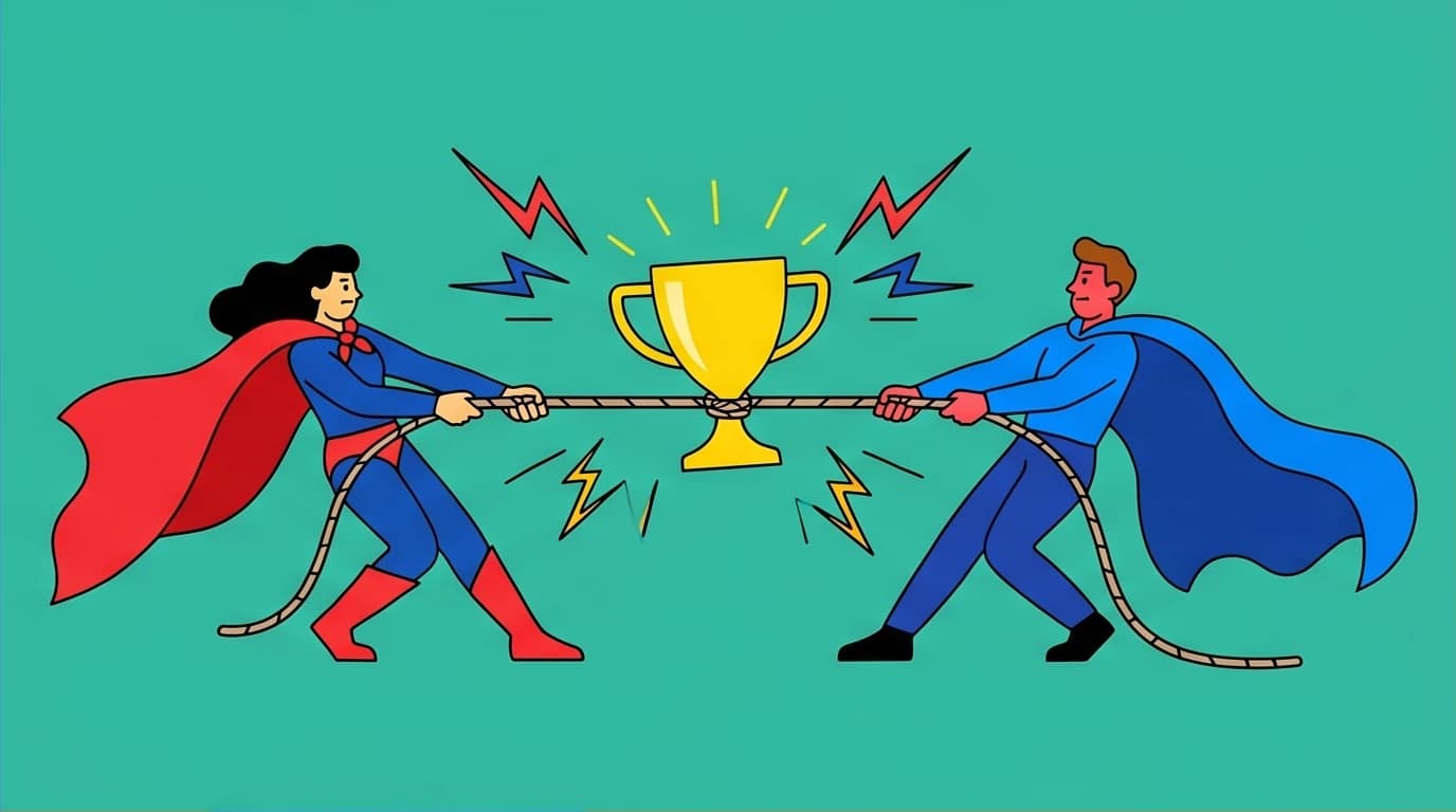 A visual metaphor for donald miller marketing showing narrative conflict where a brand and customer compete instead of collaborating.