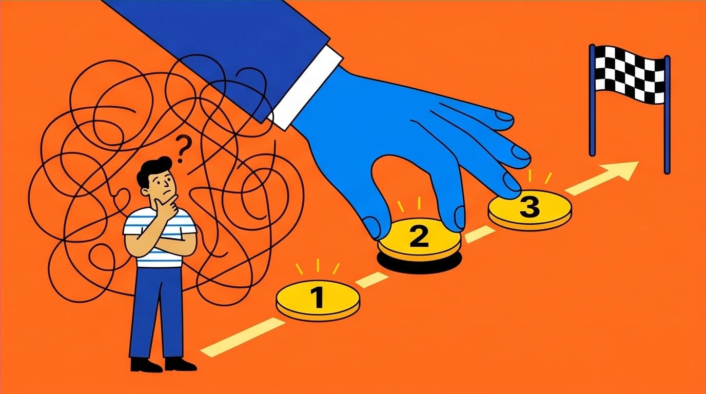 A brand as a StoryBrand guide providing a clear, three-step plan to help a confused customer hero reach their desired outcome.