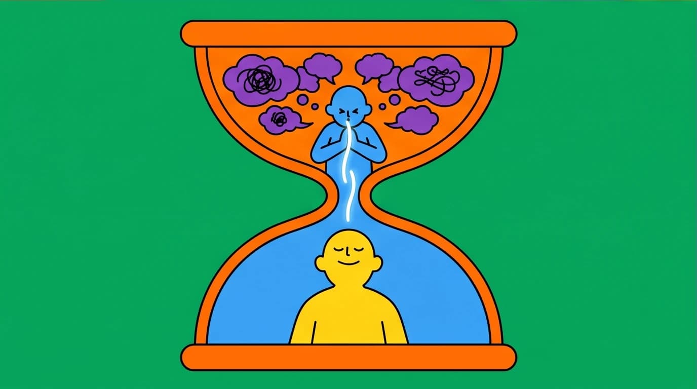 Visual guide to the 3-minute breathing space, an hourglass showing the process of using fragmented time for daily mindfulness to reduce anxiety.