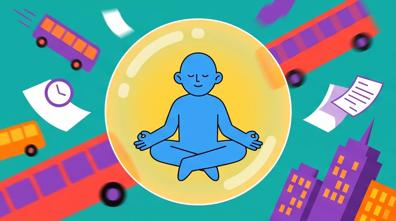 A person finds calm through daily mindfulness micro-habits, sitting peacefully in a bubble amidst the chaos of modern life and anxiety.