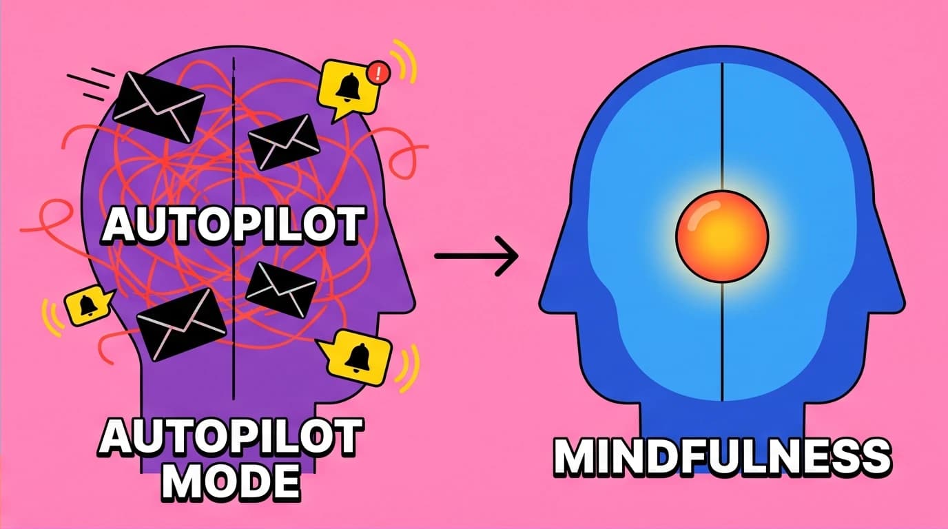 Illustration showing a brain's transition from a chaotic autopilot mode to focused life awareness, breaking myths about daily mindfulness.