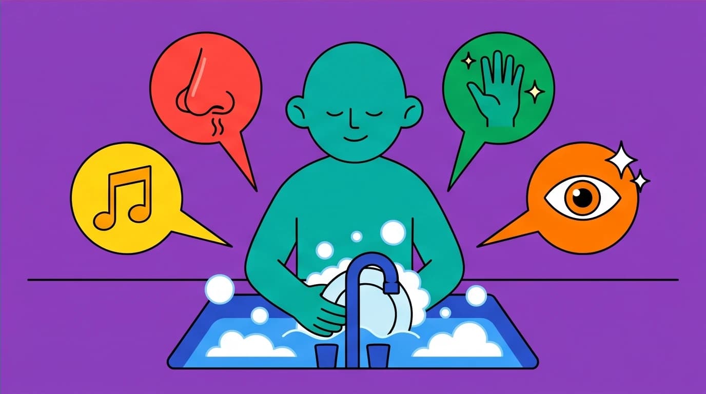 A person practicing life awareness by engaging all five senses while washing dishes, turning a chore into a daily mindfulness micro-habit.