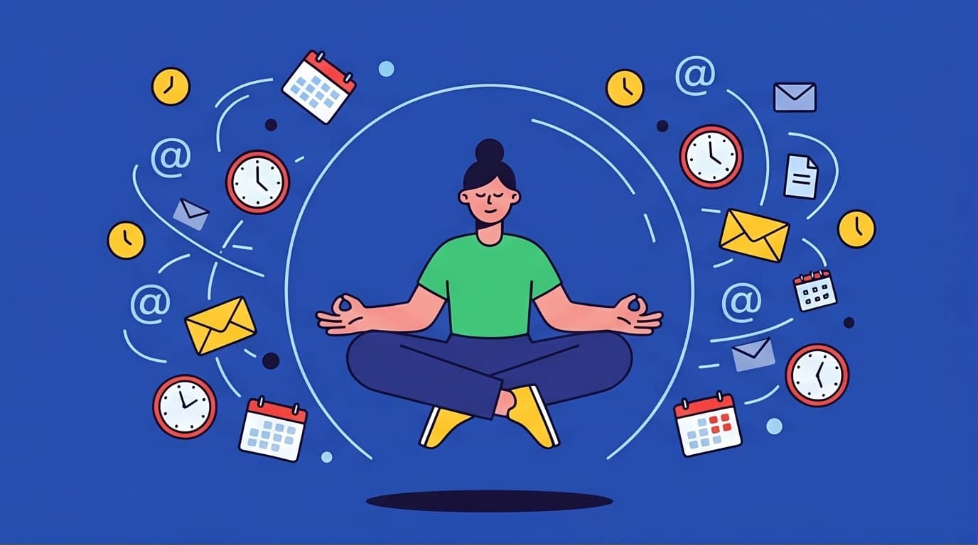 A person finding a moment of calm through daily mindfulness practice amidst a chaotic schedule of work and life tasks.