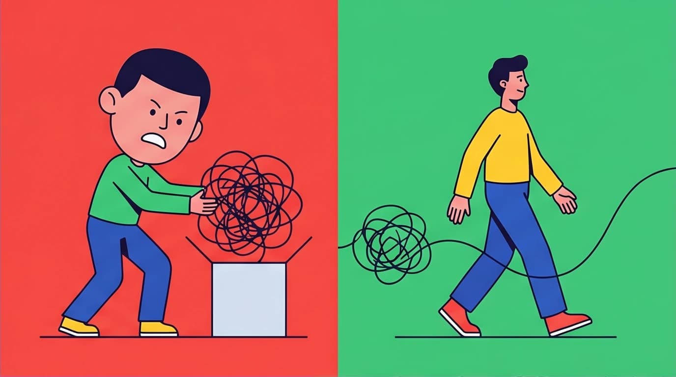 Illustration showing the misconception of mindfulness: not forcing thoughts away, but integrating awareness into daily actions.