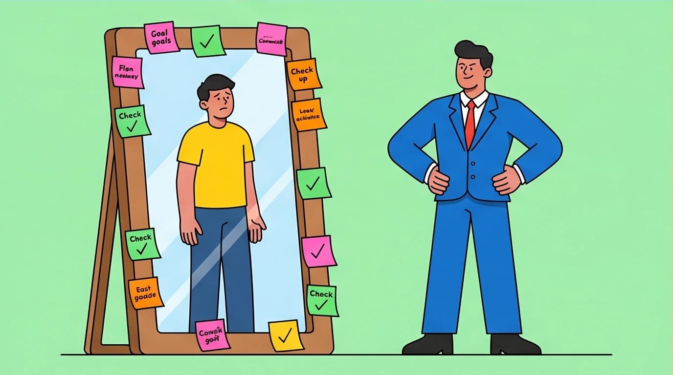 The accountability mirror method for mental toughness, showing a person facing their stronger self in a mirror covered in goals.