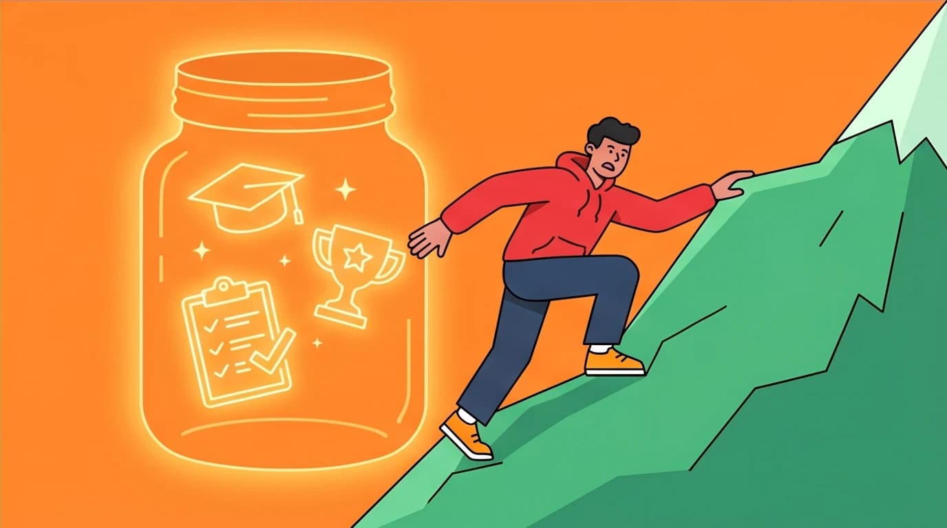 A person climbing a mountain draws fuel from the David Goggins 'cookie jar' filled with past victories to build mental toughness.