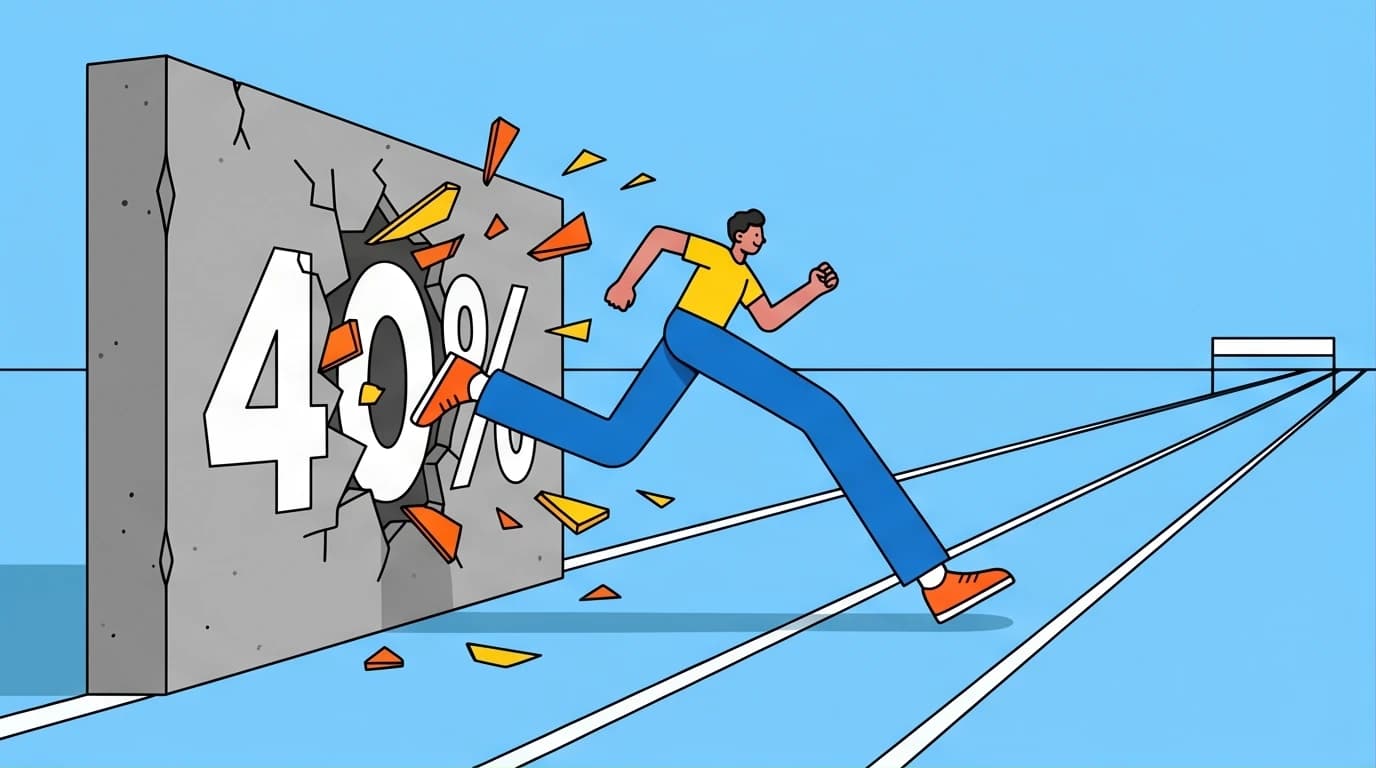An illustration of a runner shattering a '40%' wall, symbolizing the David Goggins 40 percent rule for pushing past mental limits.