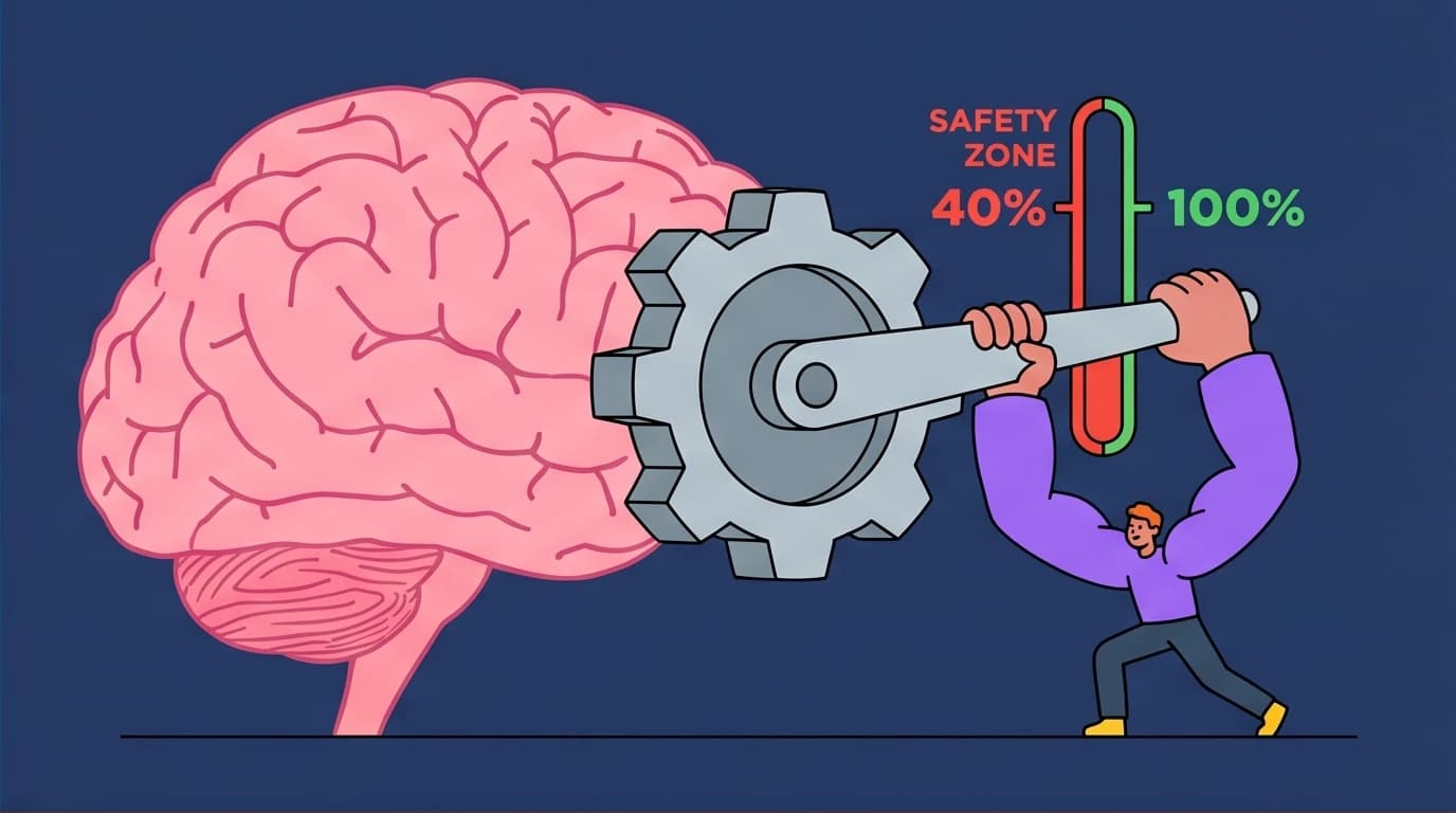 A person pushing a lever on a giant brain to override its governor, a visual metaphor for unlocking potential with the 40 percent rule.
