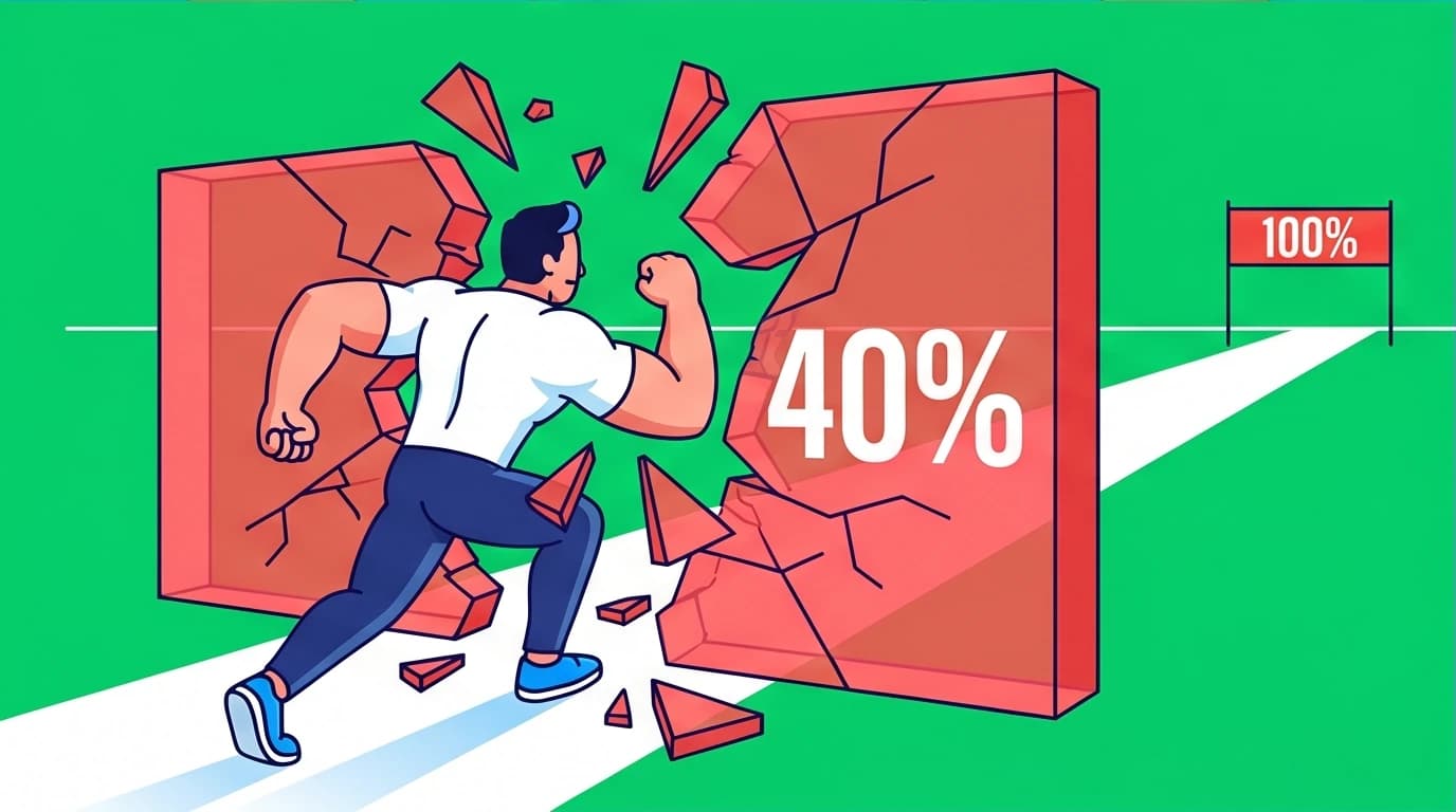 An illustration explaining the David Goggins 40 percent rule meaning, showing a person breaking through a mental barrier to unlock their full potential.
