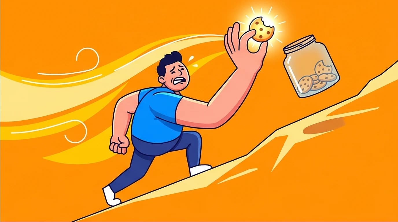 A runner using the David Goggins cookie jar concept, pulling a memory of resilience from a mental jar to overcome a difficult challenge.