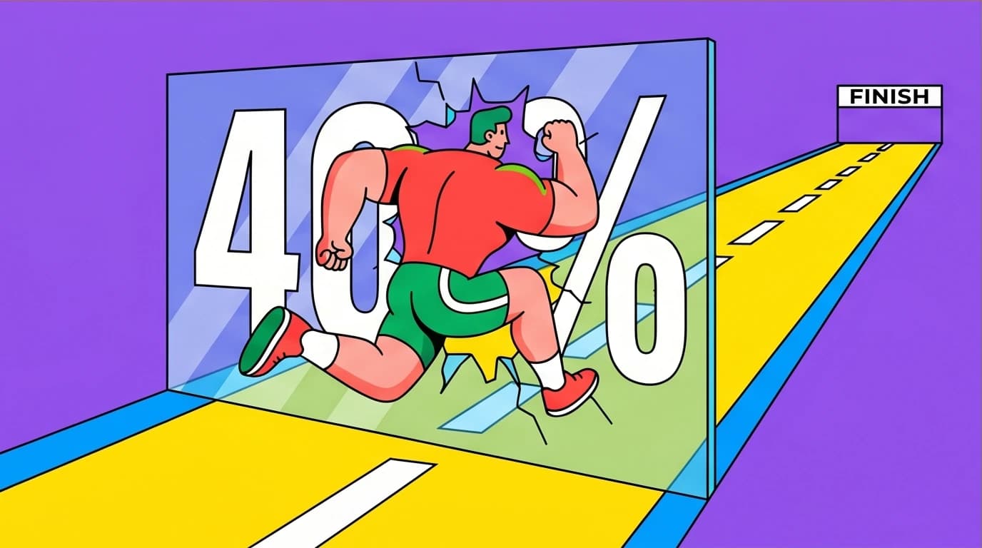 A runner breaks through a '40%' barrier, a visual for the David Goggins 40% rule from his book 'Can't Hurt Me' about pushing past perceived limits.