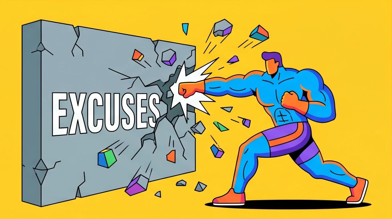 A powerful figure shatters a wall labeled 'EXCUSES,' illustrating the core message of David Goggins quotes for breaking mental limits and raw motivation.