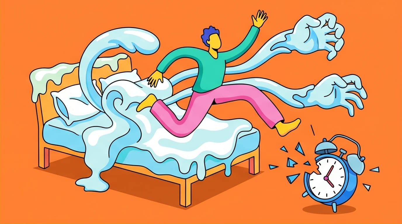 Illustration of a person escaping a clinging, comfortable bed, symbolizing David Goggins' morning motivation to overcome softness and build discipline.