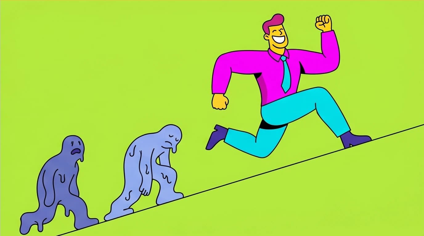 An athlete smiles while easily outperforming defeated competitors, an illustration of the 'taking souls' mindset from David Goggins' quotes on psychological dominance.