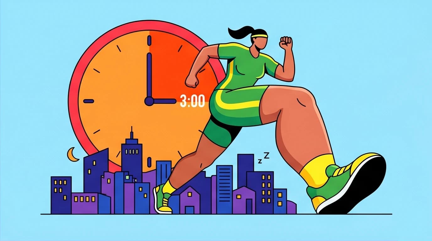 Illustration of David Goggins' daily protocol: a runner starts their workout at 3 AM before the city wakes, highlighting extreme discipline.