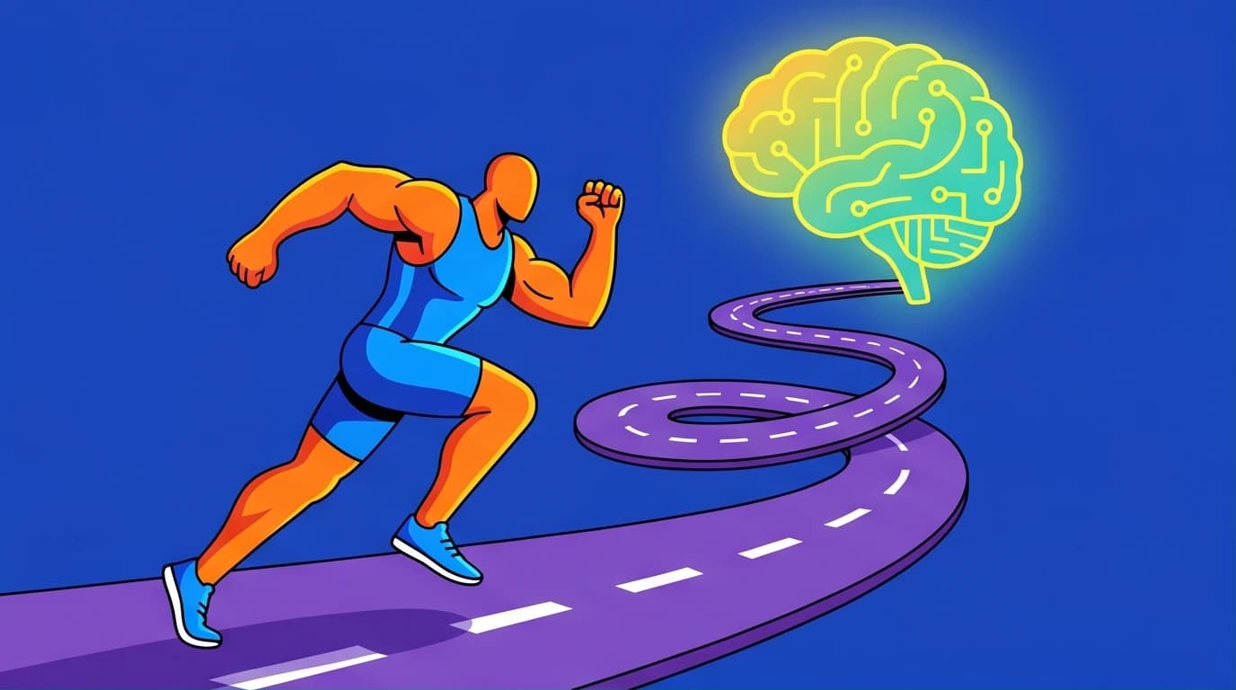 An illustration of an athlete embodying the David Goggins workout routine, running on a path that becomes a strong brain to show elite endurance.