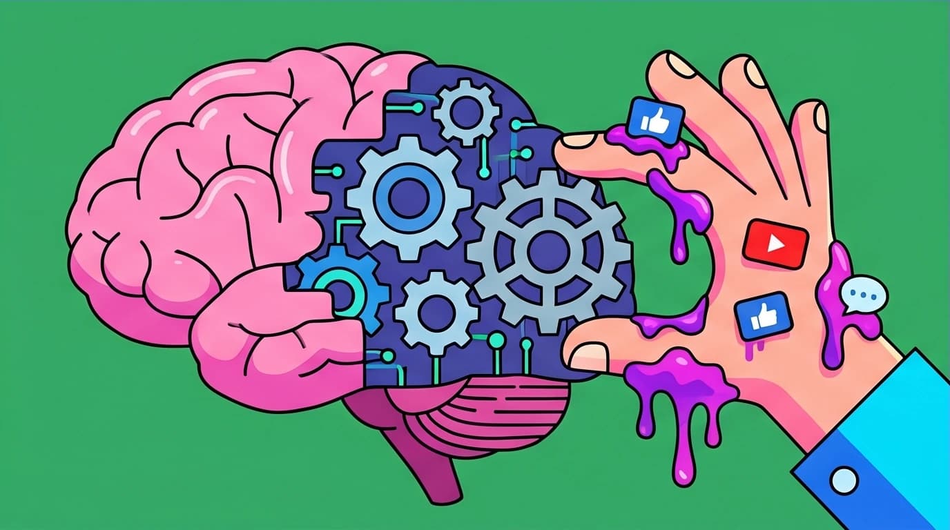 A brain being hindered by sticky 'attention residue' from social media notifications, illustrating the cognitive cost of distraction in deep work.