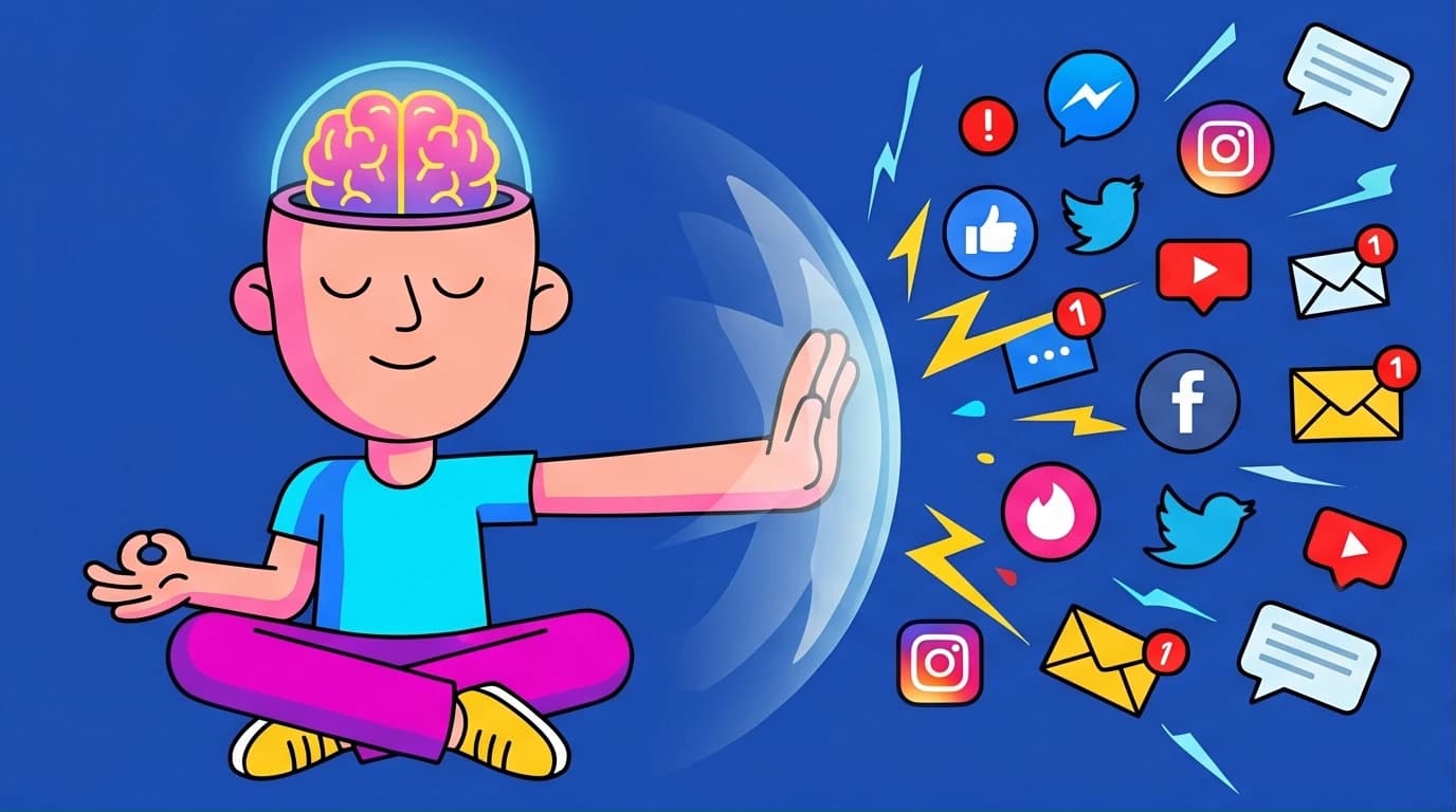 An illustration of a person protecting their focused brain from a storm of digital distractions, representing the core concept of Cal Newport's deep work.