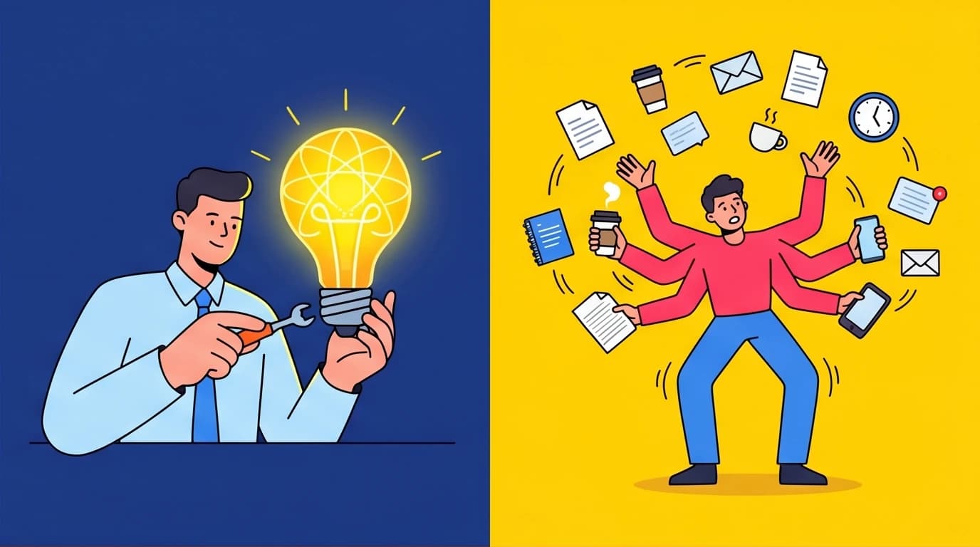 A visual comparison of focused, high-value Deep Work versus chaotic, low-value Shallow Work, a core concept for improving productivity.