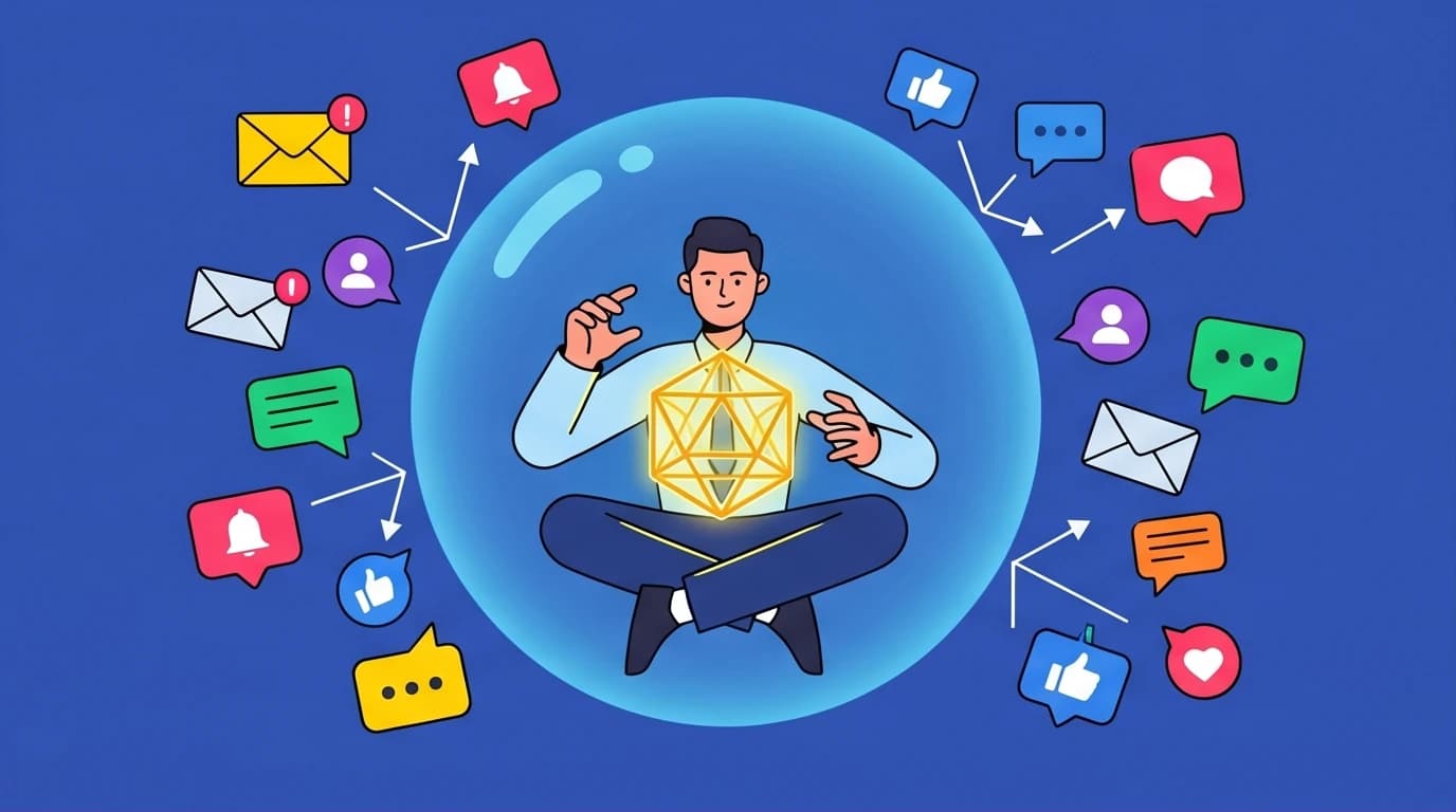 An illustration for a Deep Work review showing a professional achieving focus amidst a storm of digital distractions, based on Cal Newport's book.