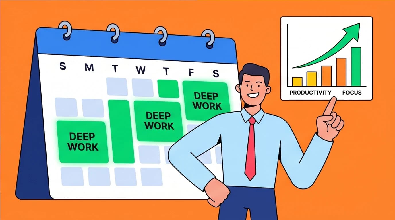 A character successfully applying a Deep Work strategy by tracking focused hours on a calendar, demonstrating a realistic path to productivity.