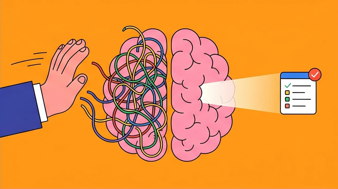 A conceptual illustration of a brain avoiding context switching by cutting off distracting thoughts, a core principle of a deep work routine.