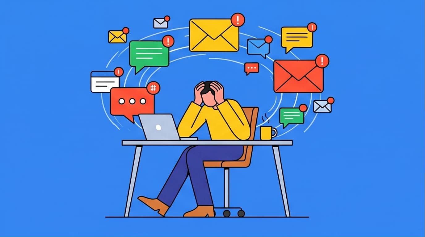 An illustration of a worker overwhelmed by a storm of digital notifications, representing the need for a deep work routine to protect time and focus.