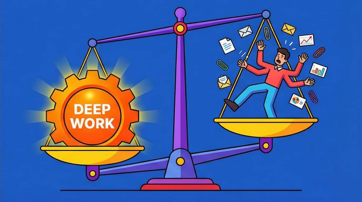An illustration comparing deep work vs shallow work on a scale, showing how focused tasks outweigh numerous trivial ones in value.