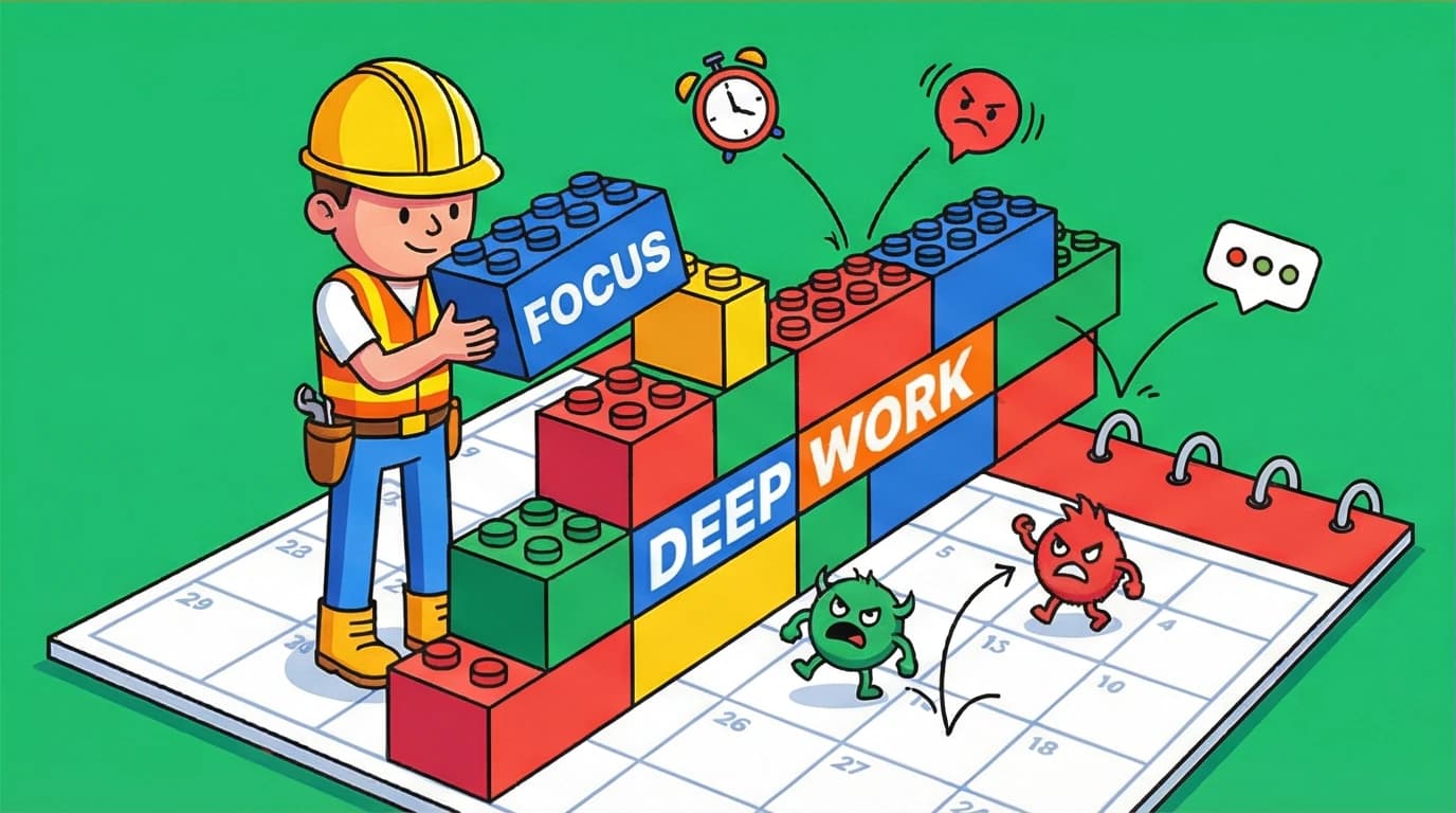 A worker implements a time blocking strategy, building a fortress on their calendar to protect their uninterrupted focus time.