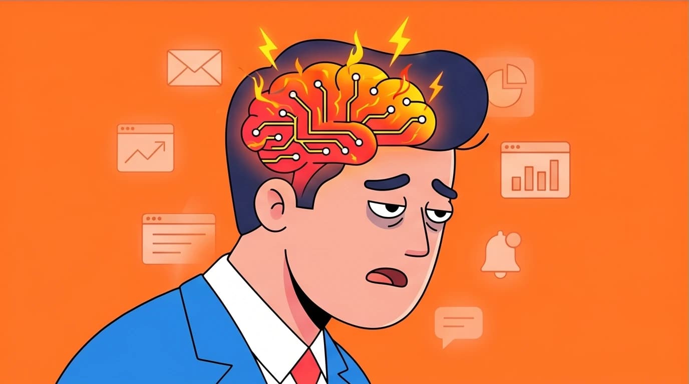 Illustration of a brain suffering from attention residue and burnout caused by excessive context switching between shallow and deep work tasks.