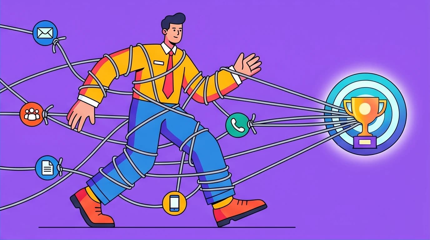 A visual metaphor for the trap of busywork, where a professional is entangled in shallow tasks, unable to make progress on meaningful deep work.