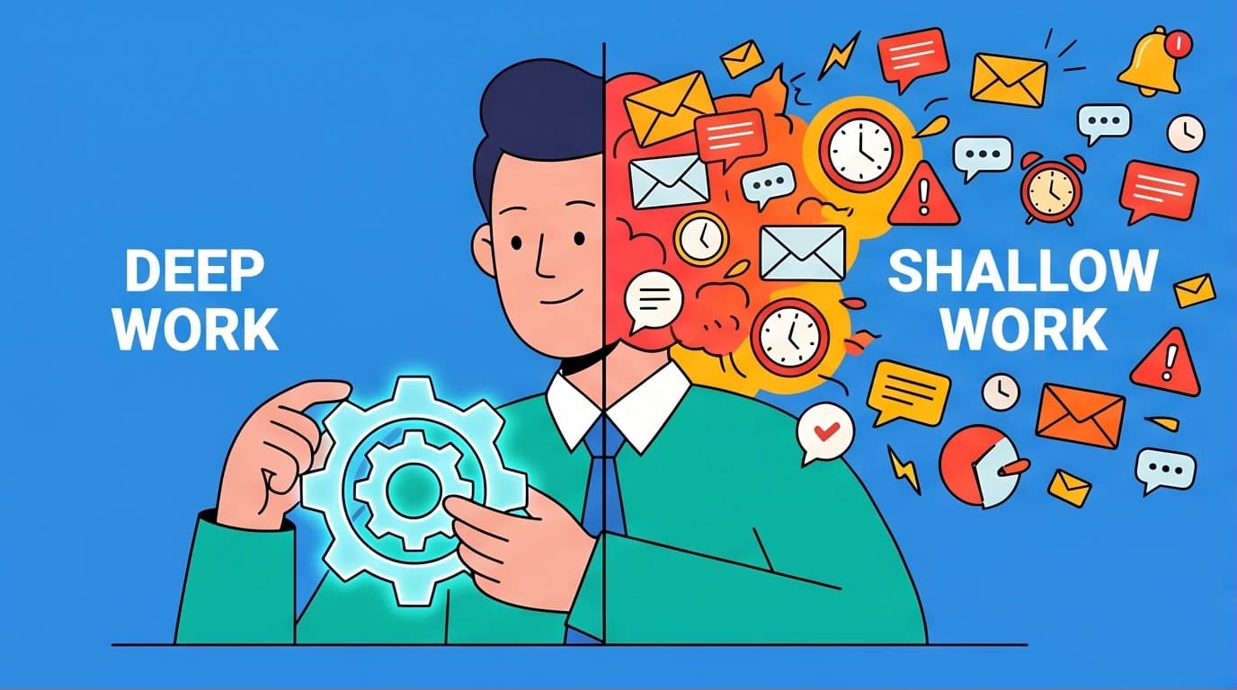 An illustration contrasting the focused state of deep work against the chaotic distractions of shallow work, highlighting the modern worker's dilemma.