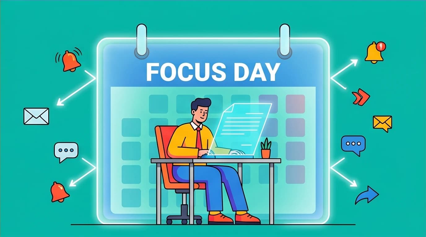 A character using time blocking to schedule deep work, creating a protective barrier against interruptions and shallow work to maintain focus.