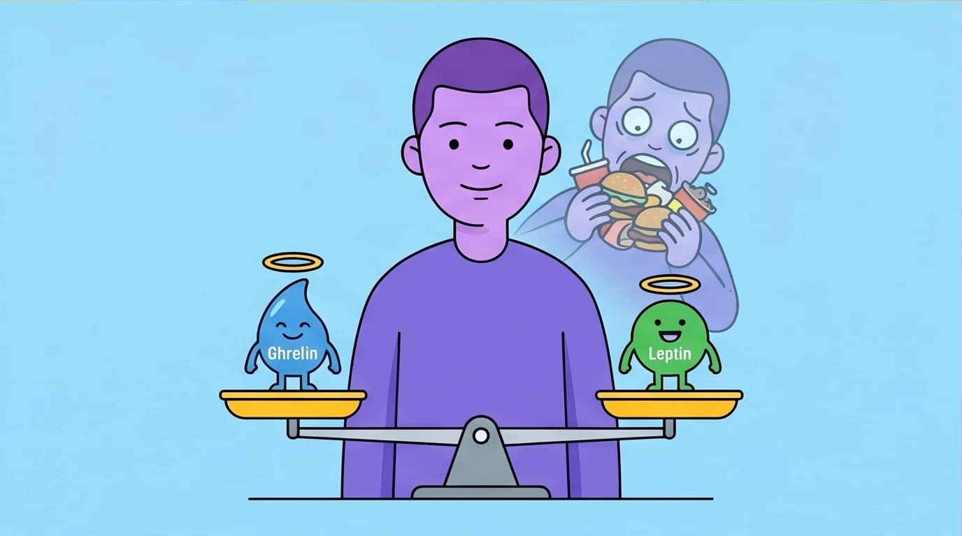 Illustration of appetite correction in intermittent fasting, showing hunger hormones rebalancing to eliminate panic eating and restore satiety.
