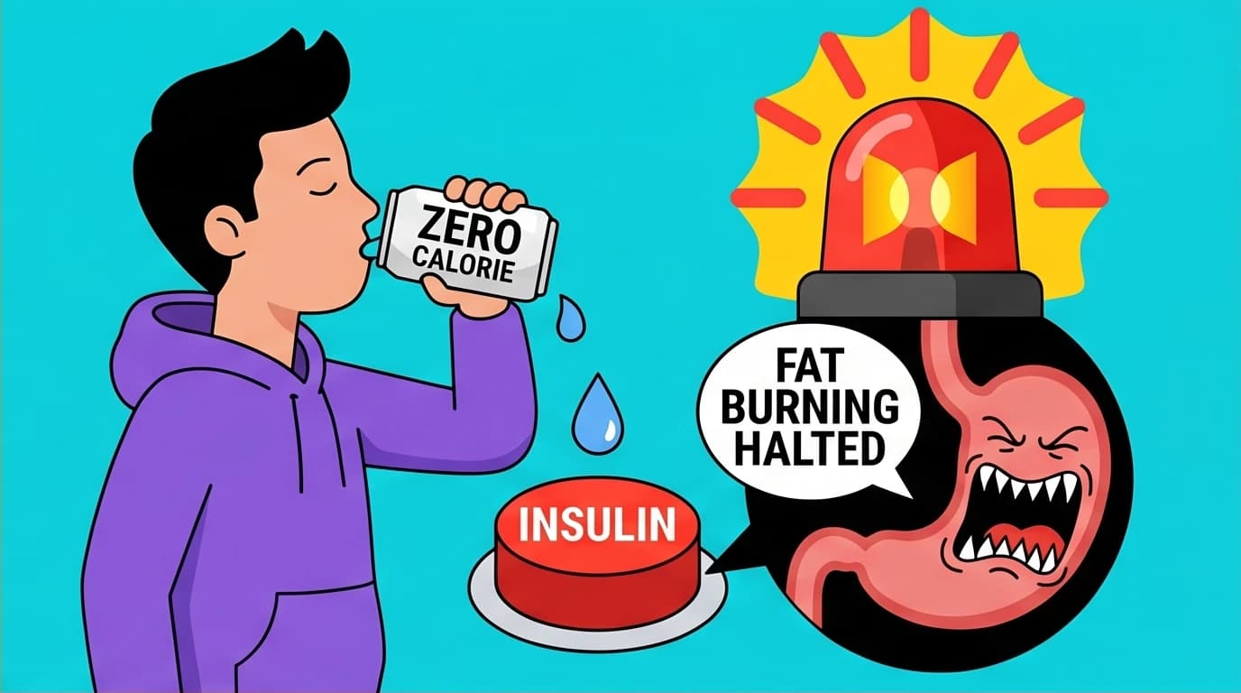 A visual explaining how a dirty fast with artificial sweeteners can trigger insulin and halt fat burning, a key rule in Delay Don't Deny.