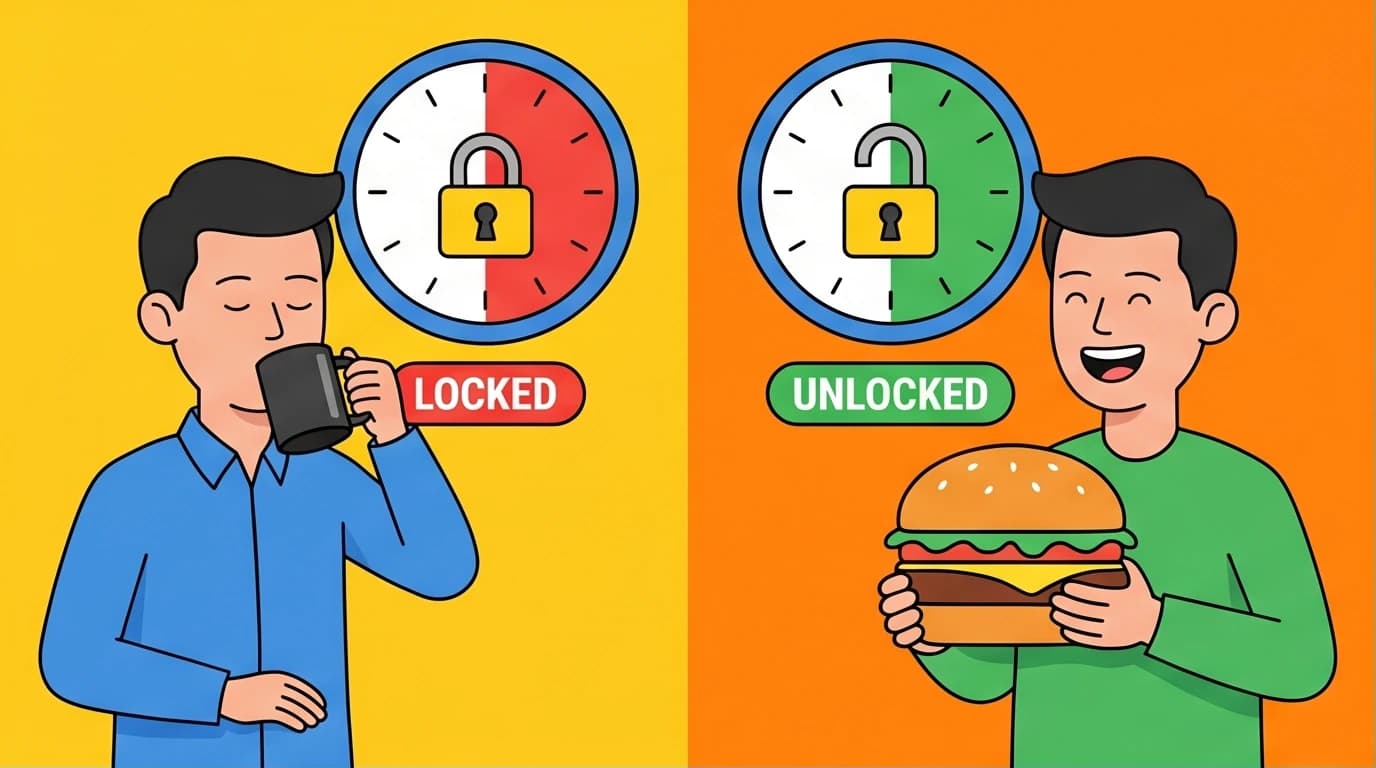 An illustration of the Delay Don't Deny diet rules, showing a person fasting and then feasting guilt-free within their eating window.