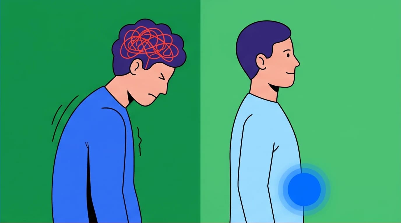 A visual comparison showing how to trust your intuition, contrasting a chaotic mind (anxiety) with a calm gut feeling (inner voice).