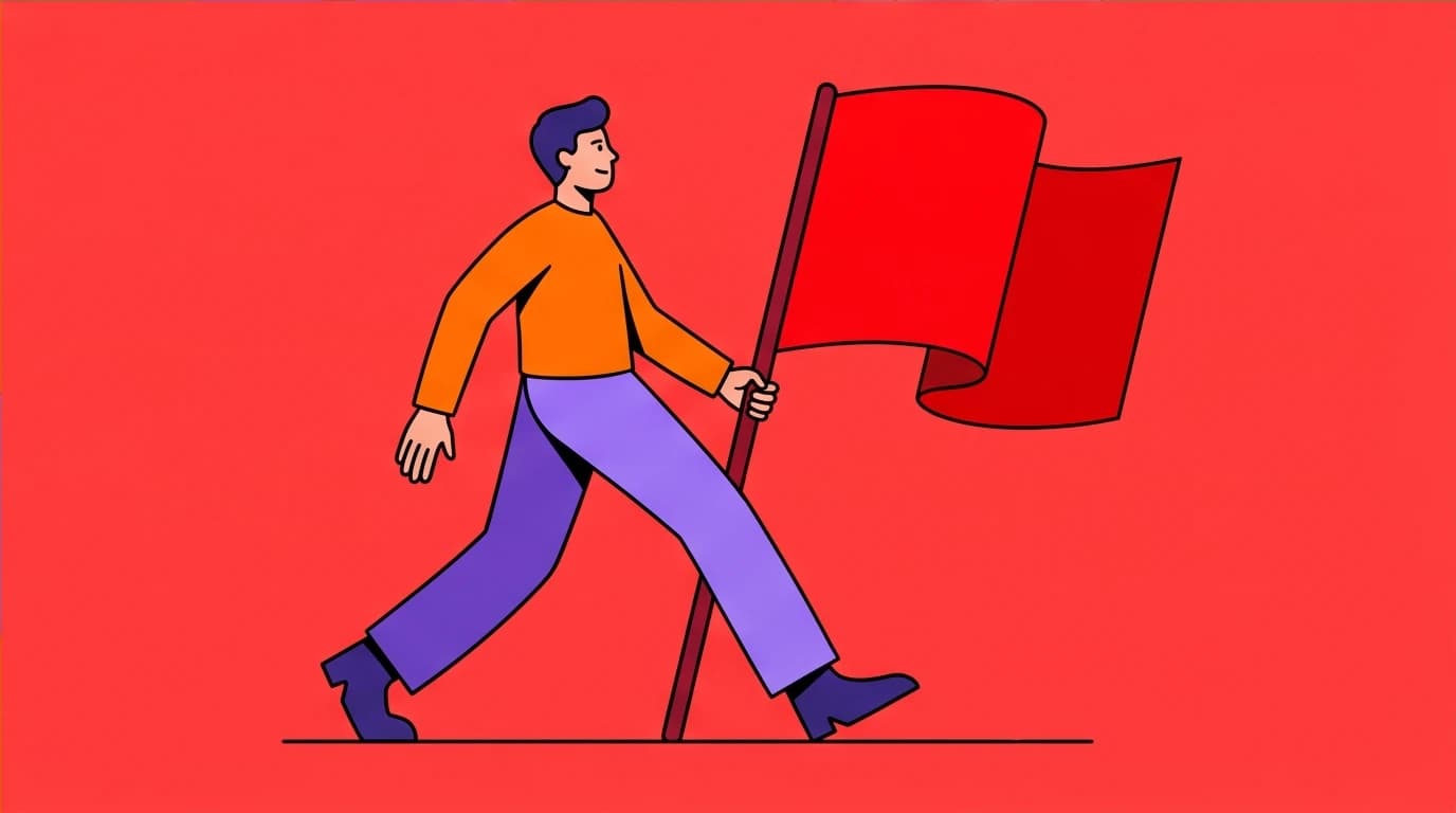 A person ignoring a giant red flag, symbolizing a common pitfall when you don't trust your inner voice during spiritual growth.