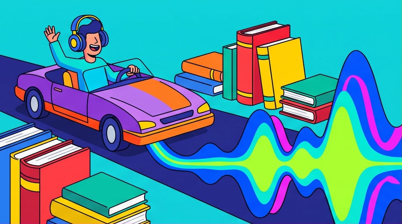 A guide to finding Dinesh D'Souza audiobooks, showing a person listening while driving to highlight the convenience for commuters.