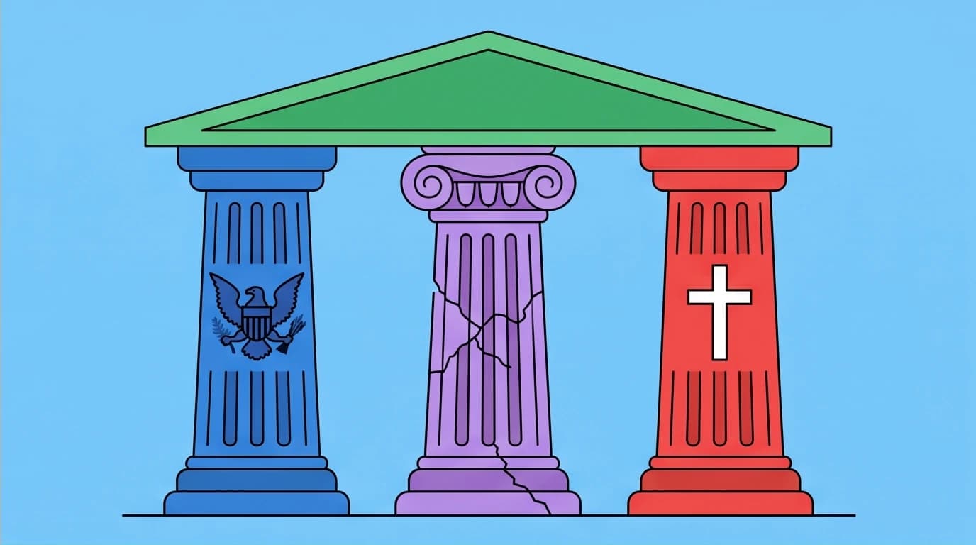 An illustration of three pillars representing the core themes in Dinesh D'Souza's books: American exceptionalism, critiques of liberalism, and Christianity.