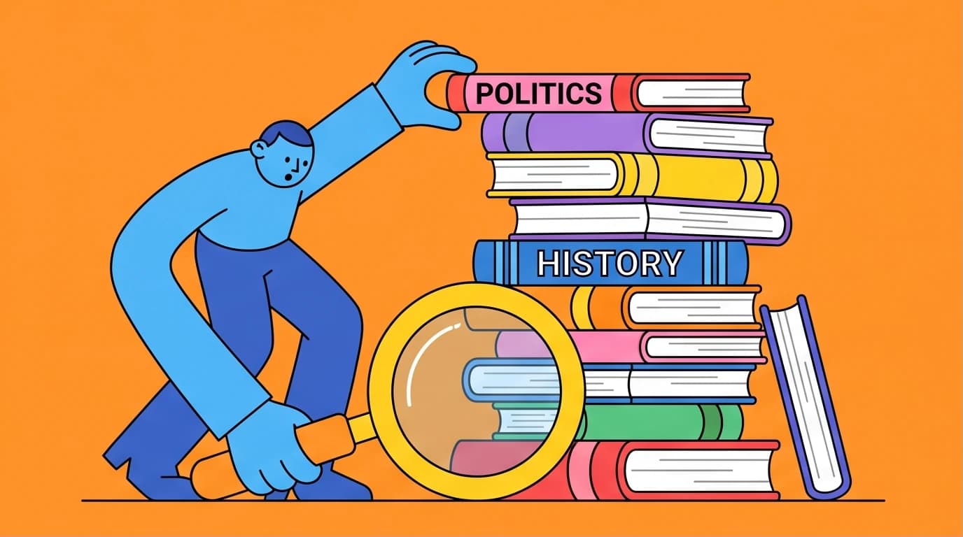 An illustration of a reader navigating a large stack of Dinesh D'Souza books, representing a complete guide to his political and historical works.